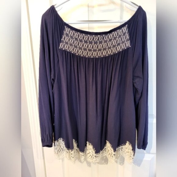 1X Boho Royal Blue Smocked Blouse with White Lace Eyelash Hem. - Picture 1 of 5